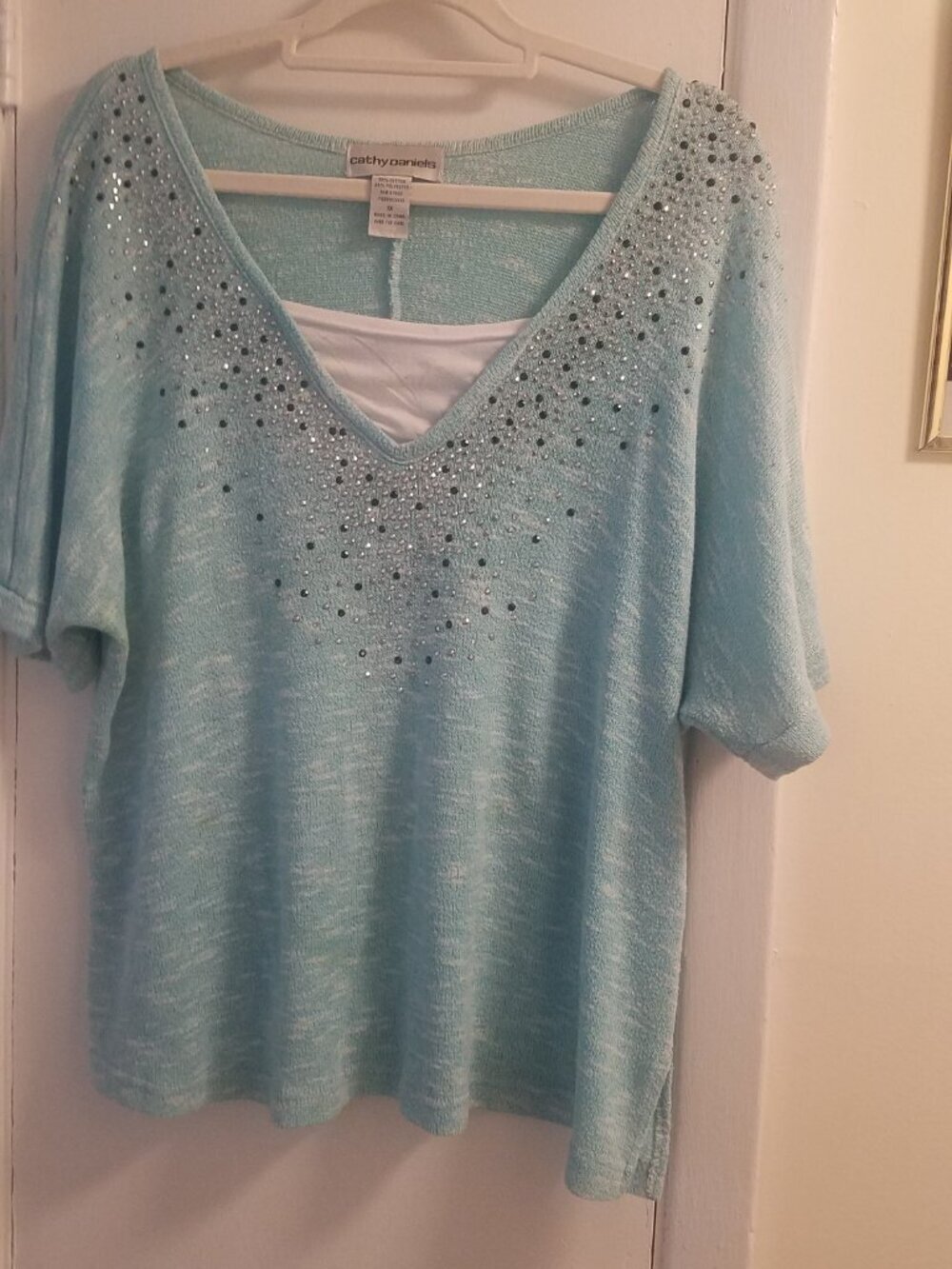 Cathy Daniels Light Aqua V-Neck Knit Top with Sequin & Rhinestone Accents